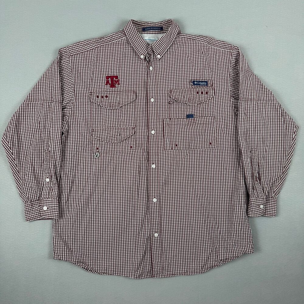 Columbia PFG Super Bonehead Texas A&M Aggies Gingham Fishing Shirt Men’s XL